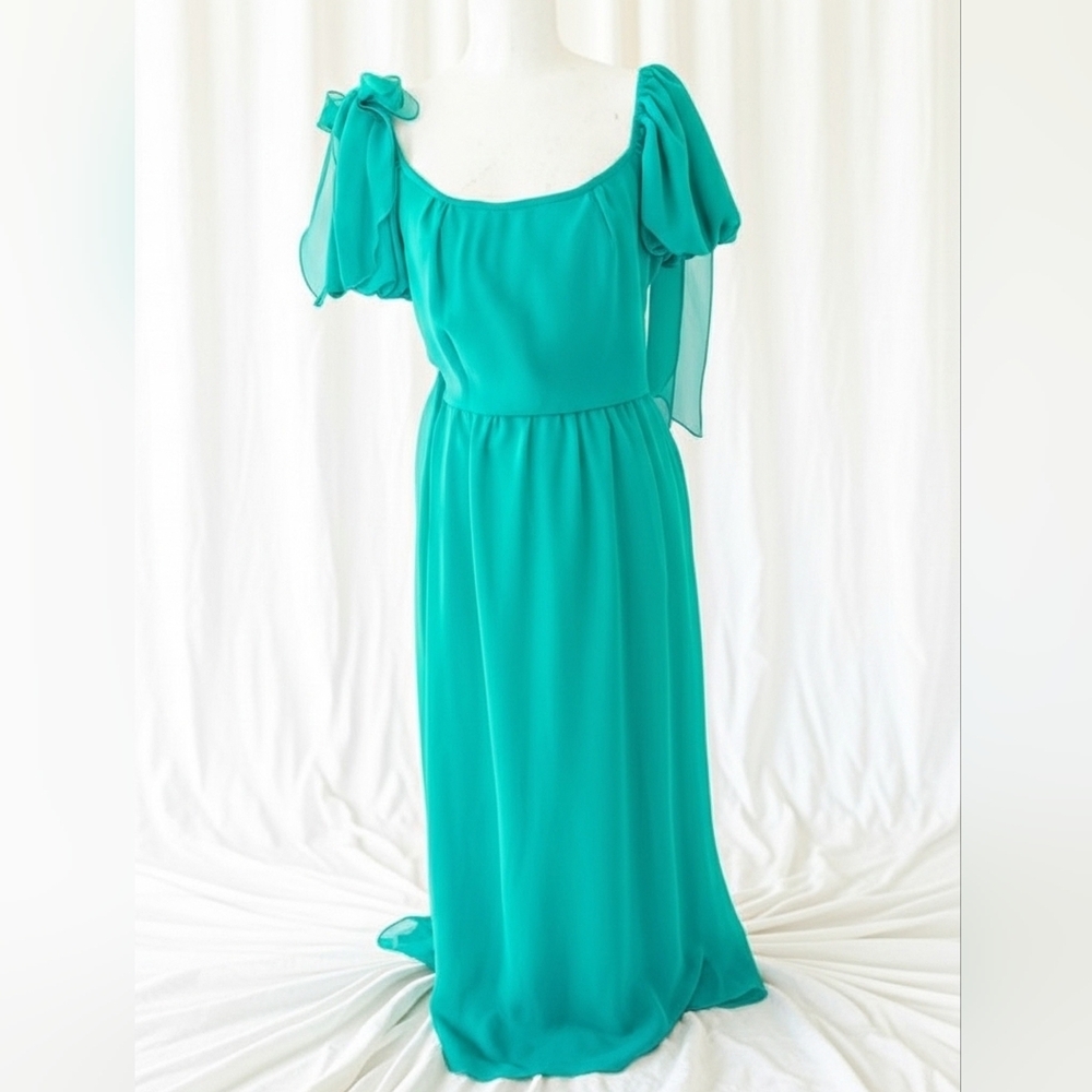 House Of Bianchi Vintage 70s Teal Chiffon Maxi Dress Flutter Sleeve Boho Gown